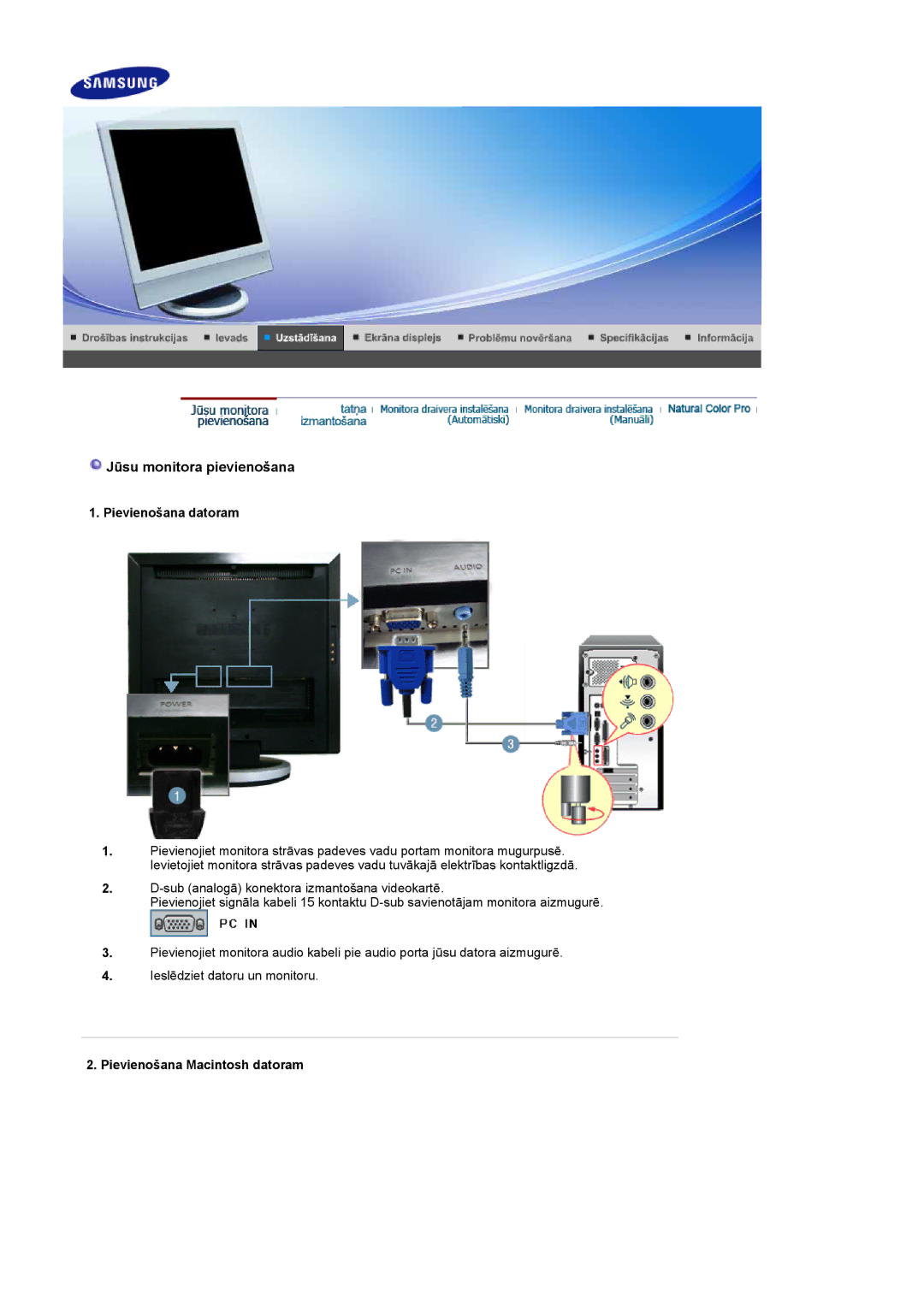 Samsung LS19DOASS/EDC manual Jūsu monitora pievienošana, Pievienošana datoram, Pievienošana Macintosh datoram 