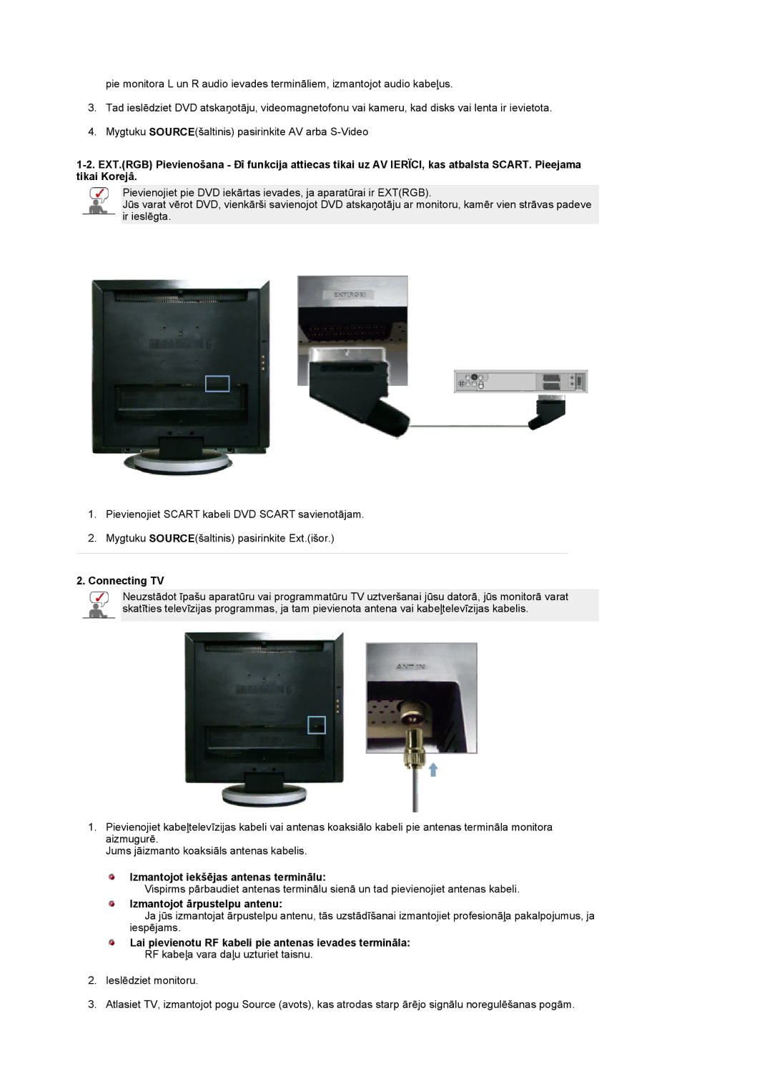 Samsung LS19DOASS/EDC manual Connecting TV, Izmantojot iekšējas antenas terminālu, Izmantojot ārpustelpu antenu 