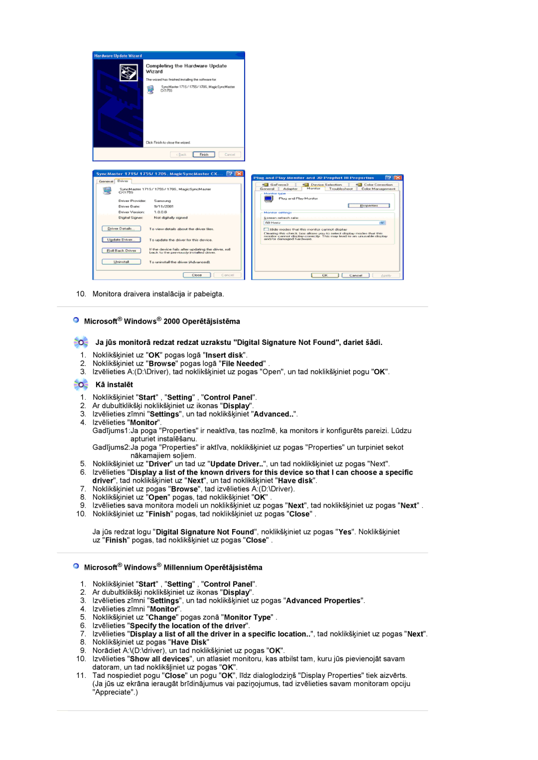 Samsung LS19DOASS/EDC manual Kā instalēt, Microsoft Windows Millennium Operētājsistēma 