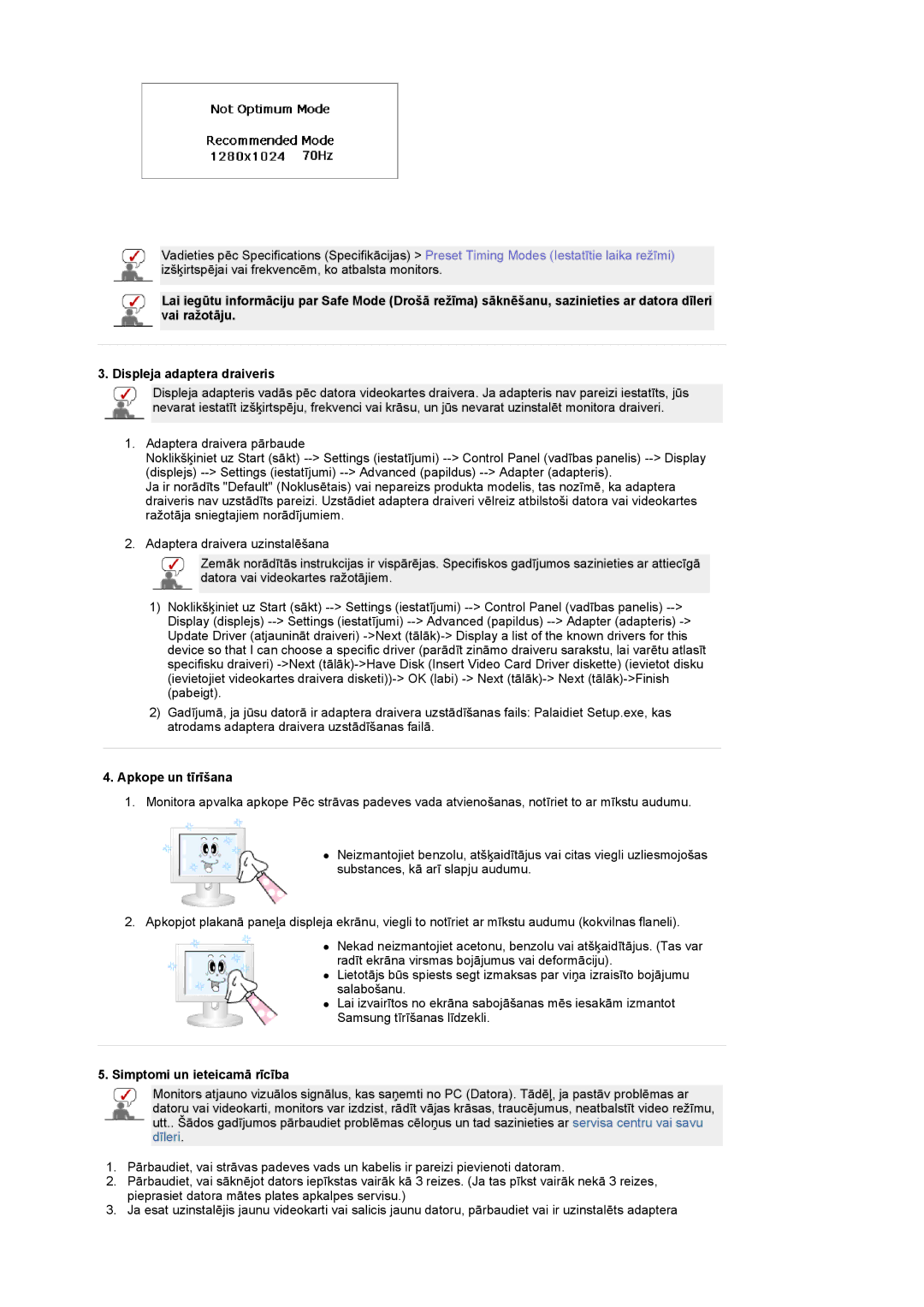 Samsung LS19DOASS/EDC manual Apkope un tīrīšana, Simptomi un ieteicamā rīcība 