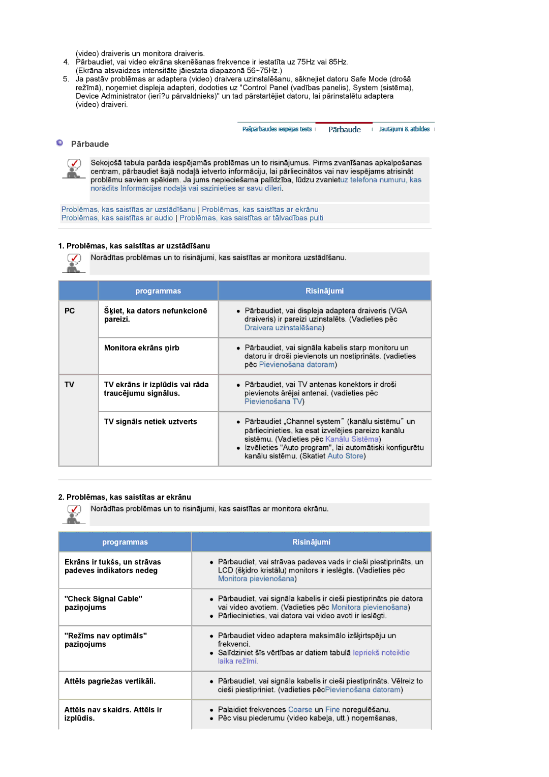 Samsung LS19DOASS/EDC manual Pārbaude, Programmas Risinājumi 