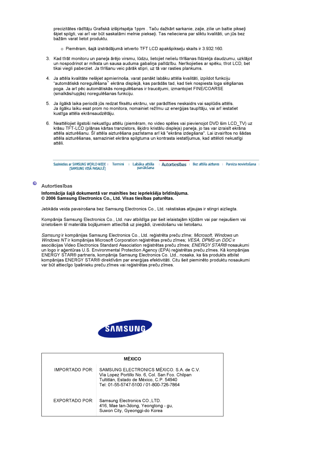 Samsung LS19DOASS/EDC manual Autortiesības, México 