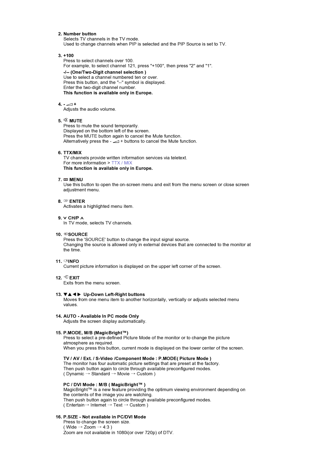 Samsung LS19DOCSS5/XSJ One/Two-Digit channel selection, This function is available only in Europe, Mute, Ch/P, Info, Exit 