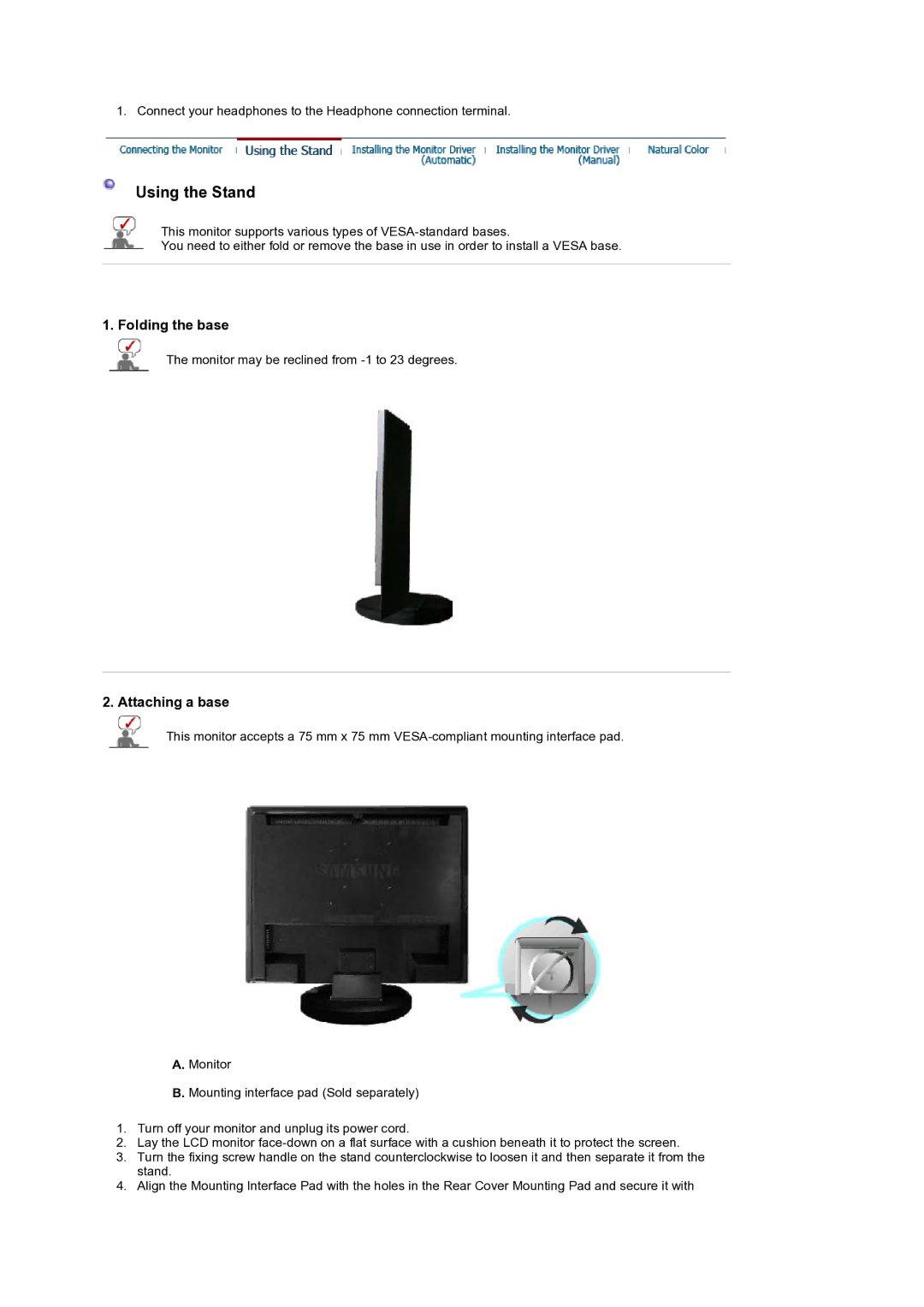 Samsung LS19DOCSS5/XSJ, LS19DOWSS5/XSJ manual Folding the base, Attaching a base 