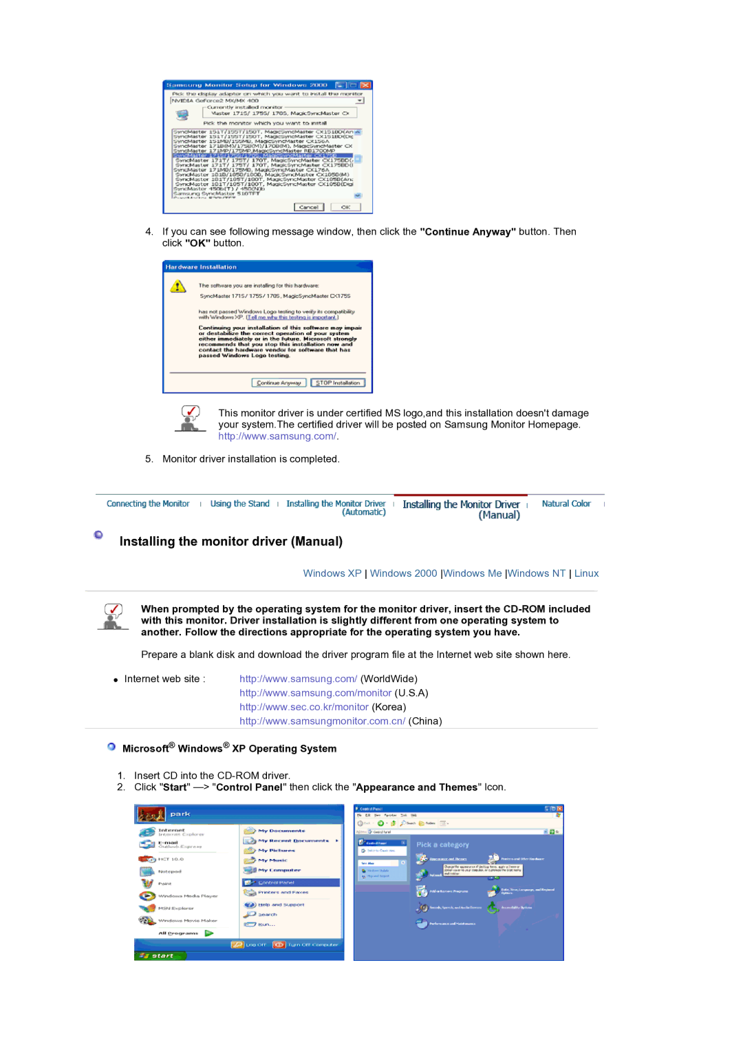 Samsung LS19DOCSS5/XSJ, LS19DOWSS5/XSJ manual Installing the monitor driver Manual, Microsoft Windows XP Operating System 