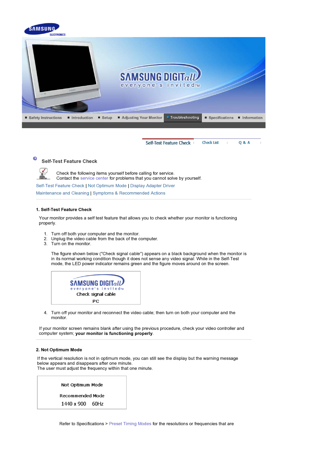 Samsung LS19DOWSS5/XSJ, LS19DOCSS5/XSJ manual Self-Test Feature Check, Not Optimum Mode 