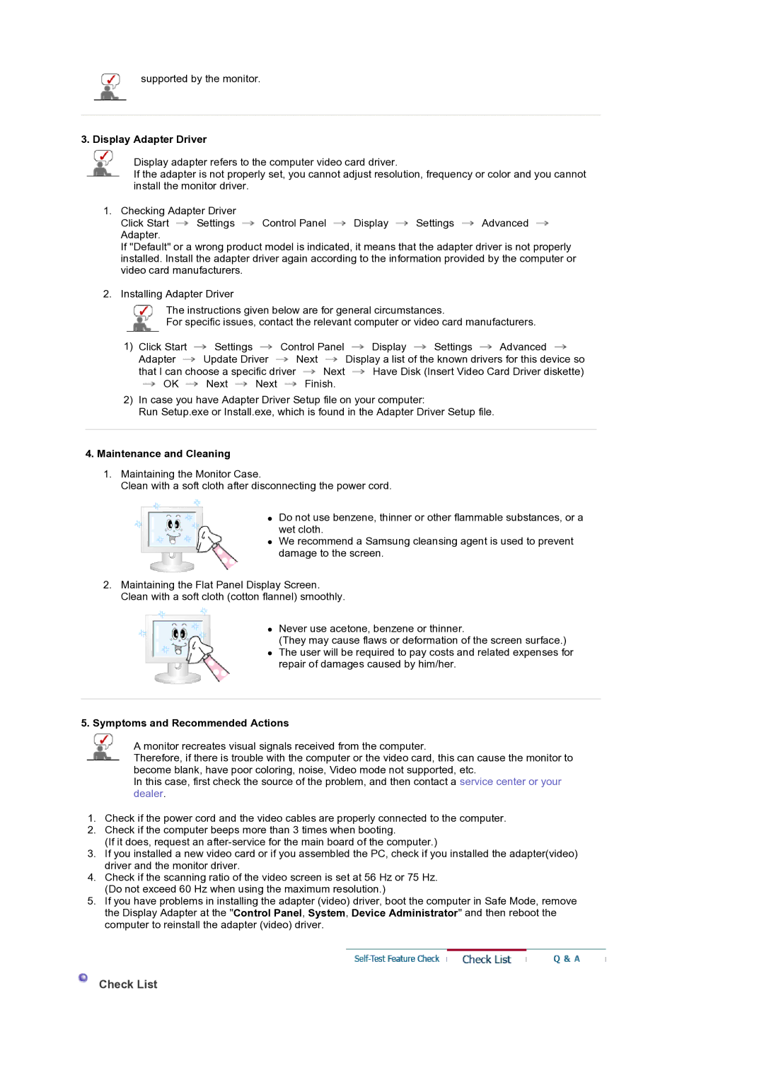 Samsung LS19DOCSS5/XSJ Check List, Display Adapter Driver, Maintenance and Cleaning, Symptoms and Recommended Actions 