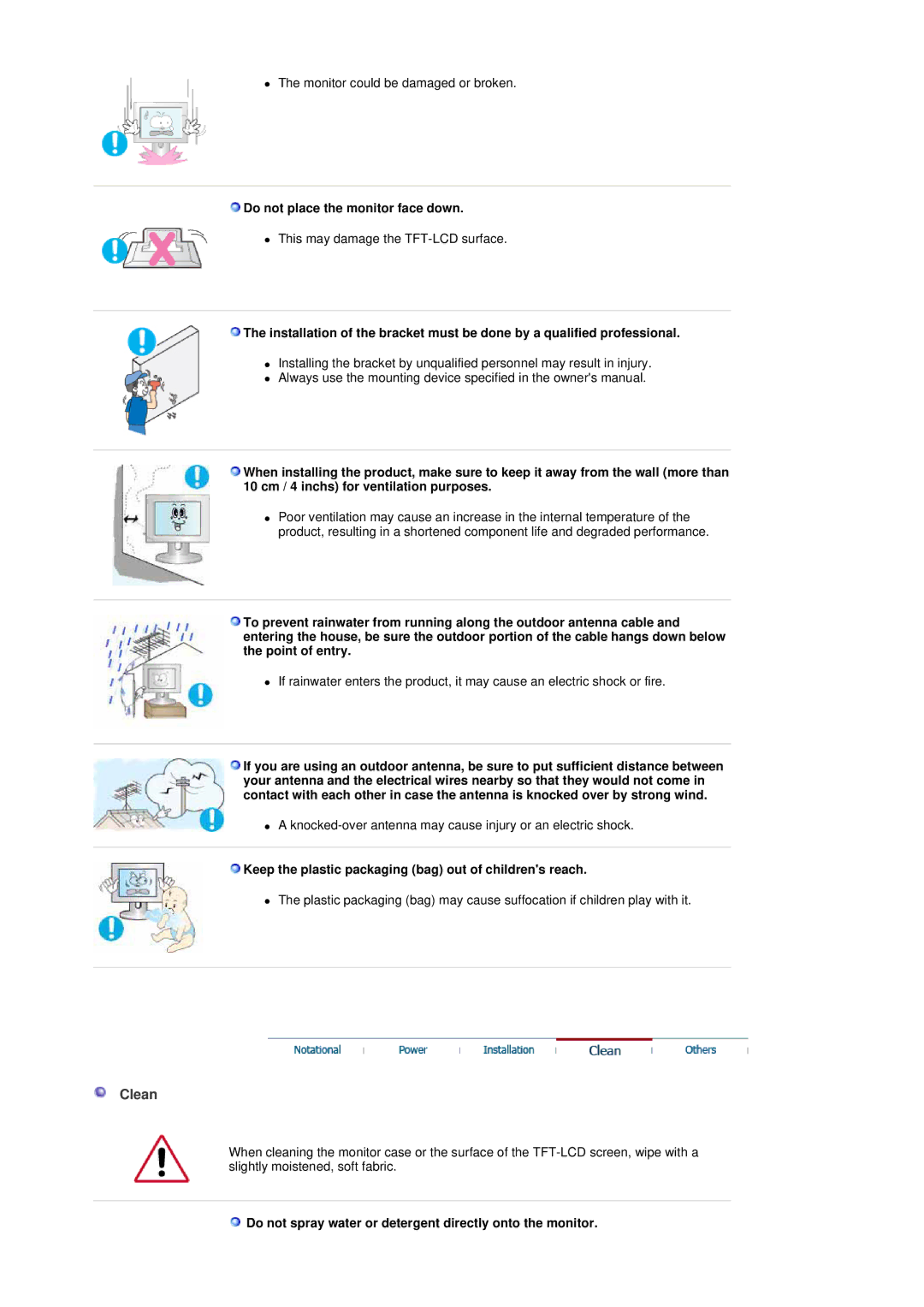 Samsung LS19DOWSS5/XSJ Clean, Do not place the monitor face down, Keep the plastic packaging bag out of childrens reach 