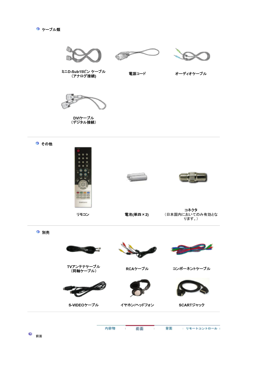 Samsung LS19DOWSS5/XSJ, LS19DOCSS5/XSJ manual ケーブル類, 電源コード, Dviケーブル （デジタル接続） その他, リモコン 電池 単四× （日本国内においてのみ有効とな ります。）, Rcaケーブル 