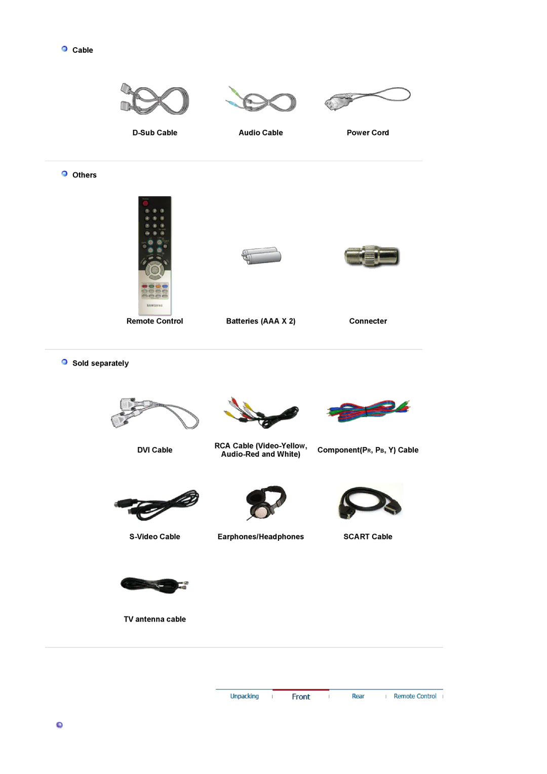 Samsung LS19DOWSS/XSA, LS19DOCSS/EDC manual Cable Sub Cable Audio Cable, Video Cable Earphones/Headphones, TV antenna cable 