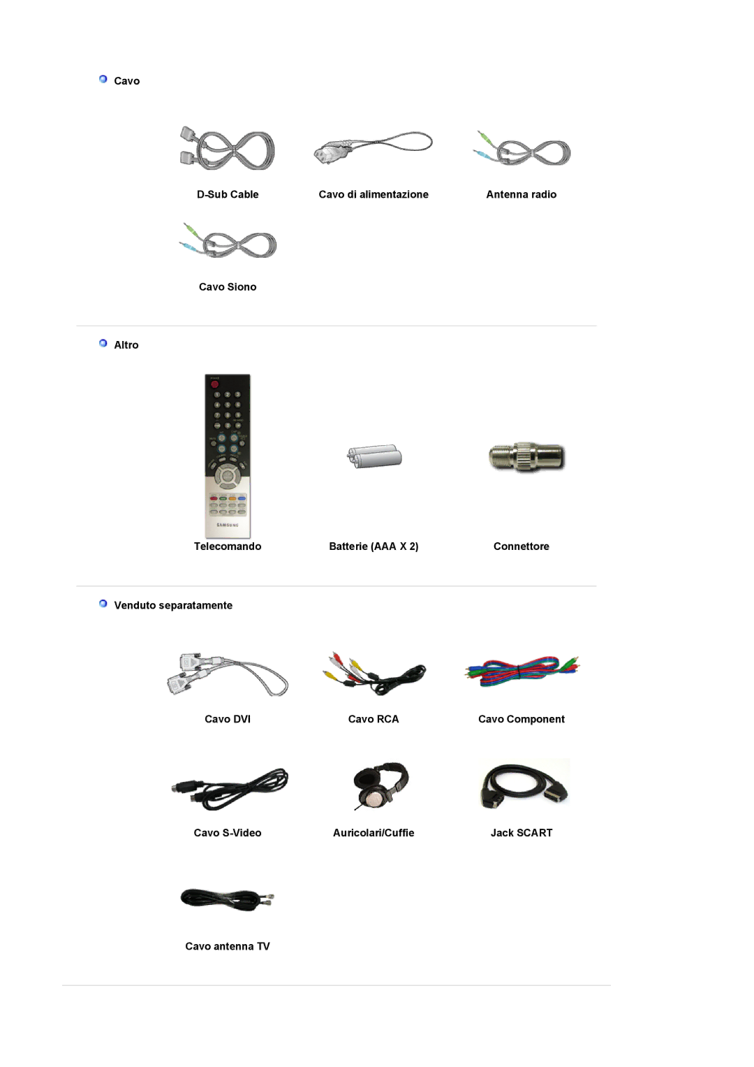 Samsung LS19DOCSS/EDC, LS19DOWSSZ/EDC Cavo di alimentazione, Cavo S-Video Auricolari/Cuffie Jack Scart Cavo antenna TV 