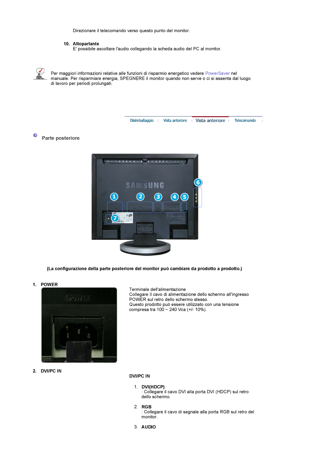 Samsung LS19DOWSS/EDC, LS19DOCSS/EDC, LS19DOWSSZ/EDC, LS19DOCSS/CLT manual Power, DVI/PC Dvihdcp, Rgb, Audio 