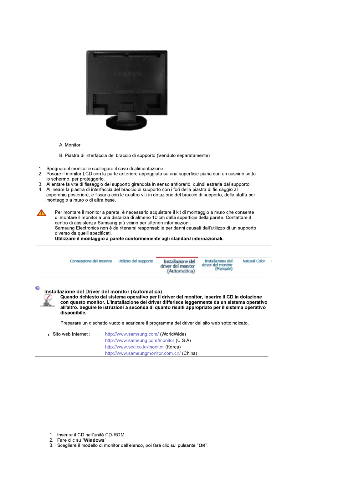 Samsung LS19DOCSS/EDC, LS19DOWSSZ/EDC, LS19DOWSS/EDC, LS19DOCSS/CLT manual Installazione del Driver del monitor Automatica 