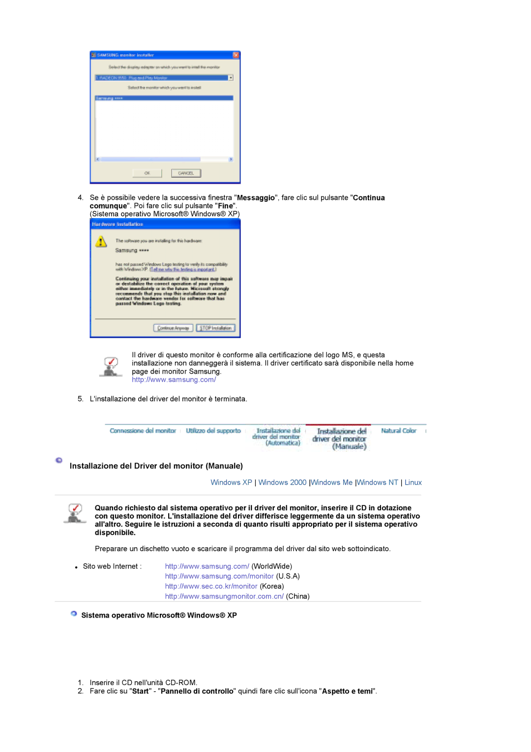 Samsung LS19DOWSSZ/EDC, LS19DOCSS/EDC Installazione del Driver del monitor Manuale, Sistema operativo Microsoft Windows XP 
