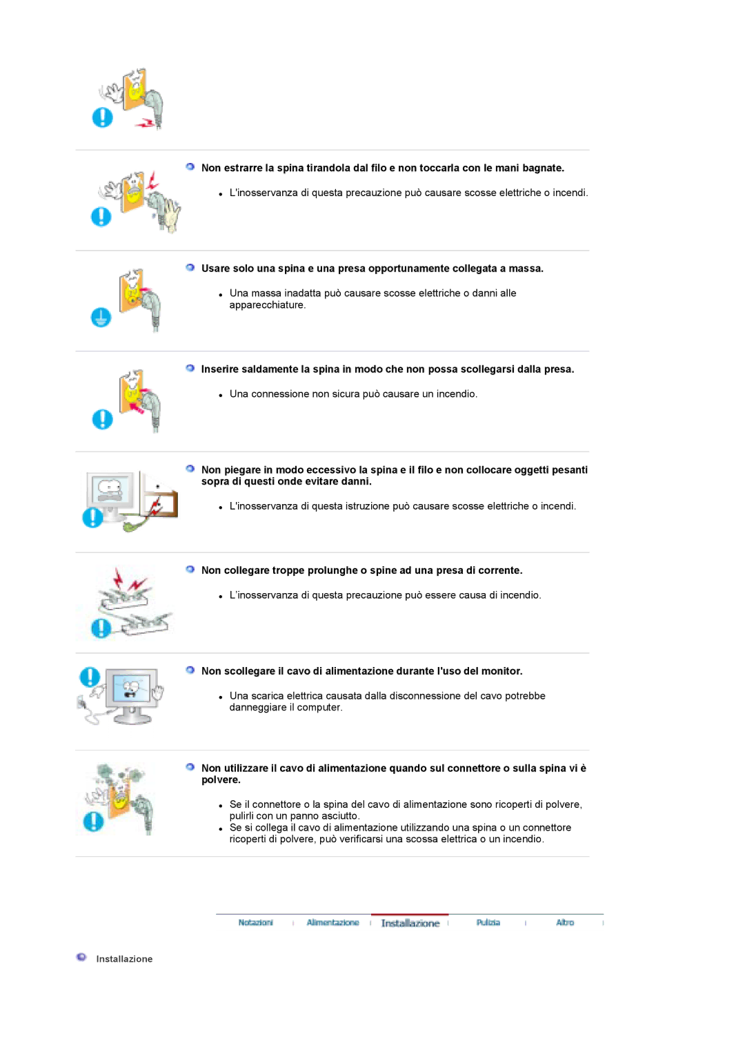 Samsung LS19DOCSS/CLT, LS19DOCSS/EDC, LS19DOWSSZ/EDC, LS19DOWSS/EDC manual Una connessione non sicura può causare un incendio 