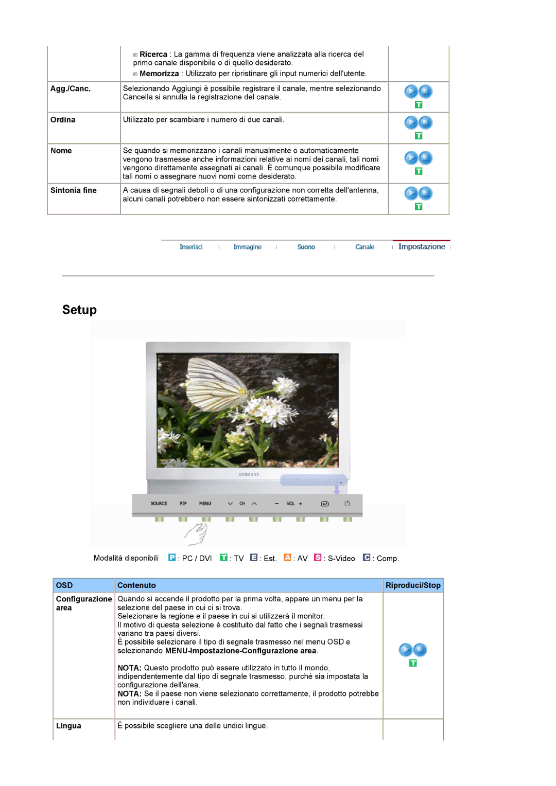 Samsung LS19DOWSSZ/EDC manual Agg./Canc, Ordina, Nome, Sintonia fine, Lingua Possibile scegliere una delle undici lingue 