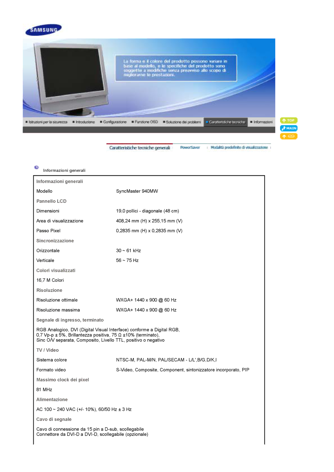 Samsung LS19DOCSS/EDC Informazioni generali, Pannello LCD, Sincronizzazione, Colori visualizzati, Risoluzione, TV / Video 