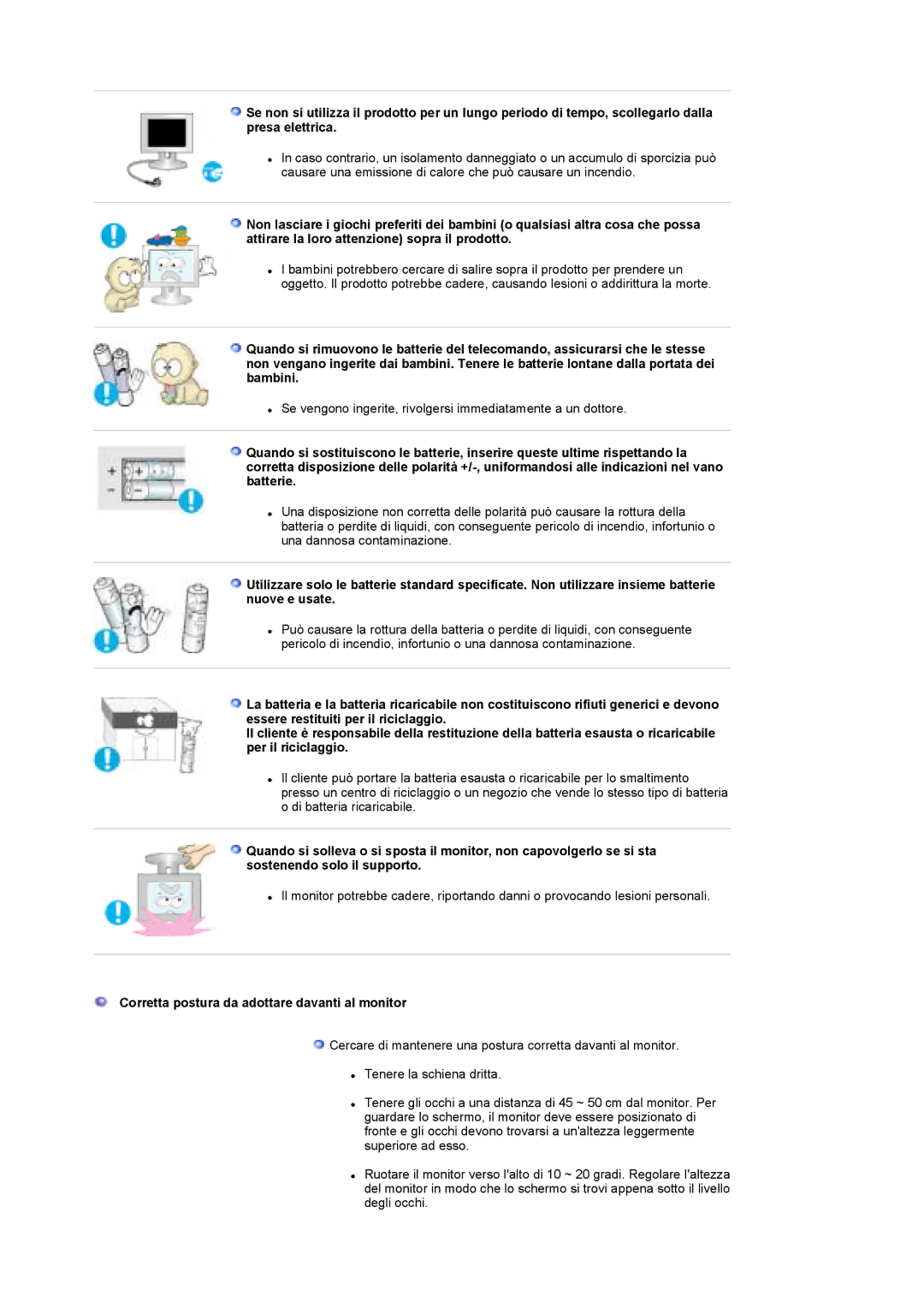 Samsung LS19DOWSSZ/EDC, LS19DOCSS/EDC, LS19DOWSS/EDC, LS19DOCSS/CLT manual Corretta postura da adottare davanti al monitor 