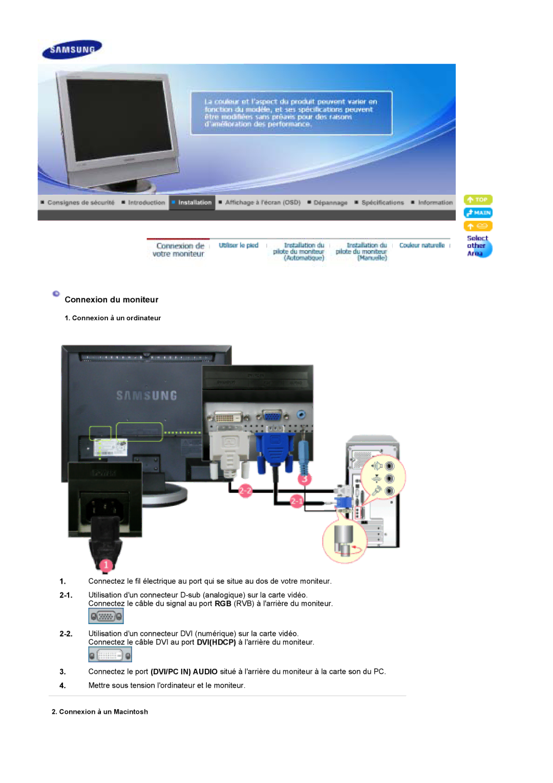 Samsung LS19DOWSSZ/EDC, LS19DOCSS/EDC, LS19DOWSS/EDC manual Connexion du moniteur 