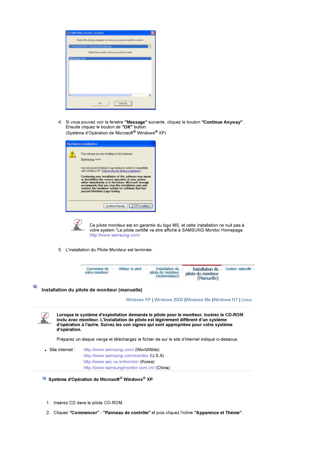 Samsung LS19DOWSSZ/EDC manual Installation du pilote de moniteur manuelle, Système dOpération de Microsoft Windows XP 