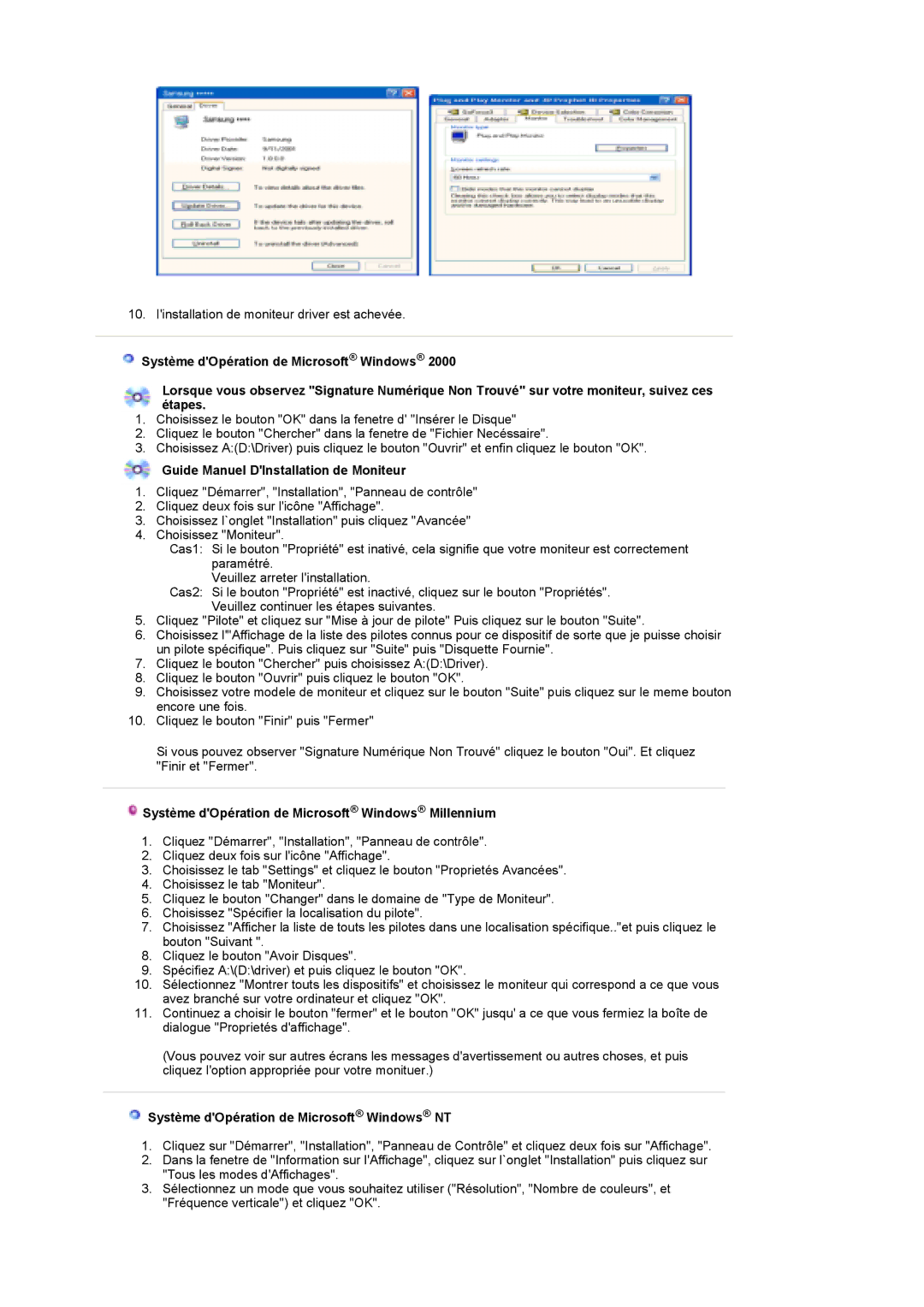 Samsung LS19DOWSSZ/EDC manual Guide Manuel DInstallation de Moniteur, Système dOpération de Microsoft Windows Millennium 
