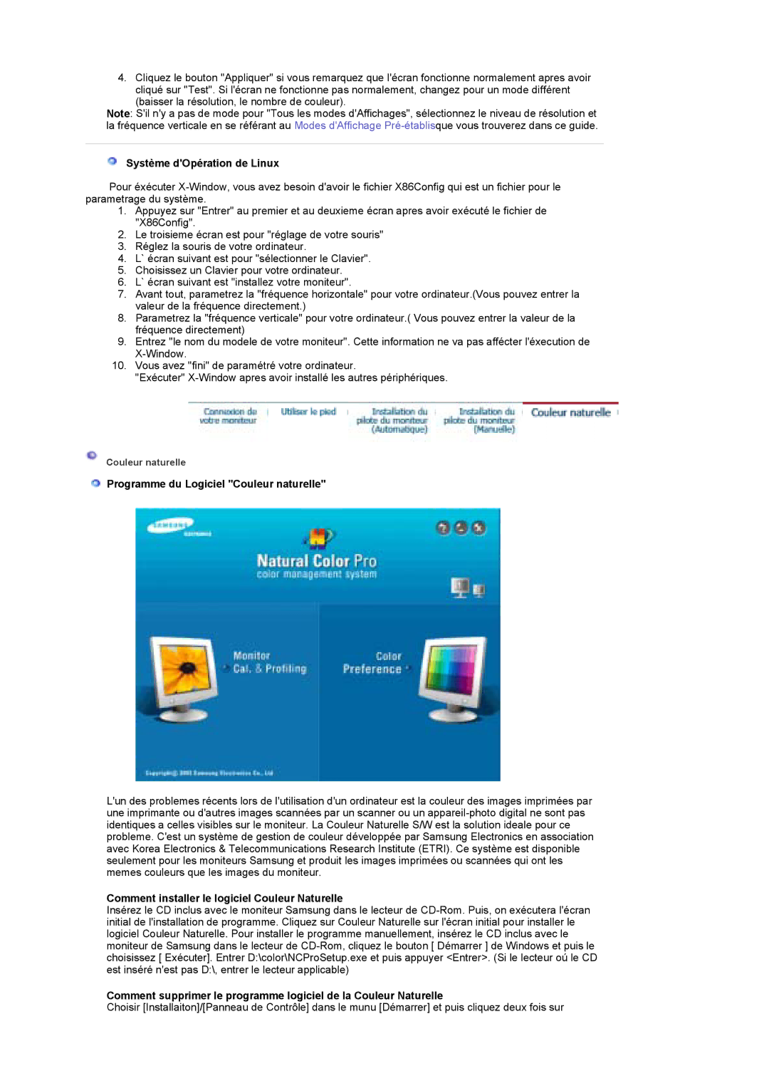 Samsung LS19DOWSS/EDC, LS19DOCSS/EDC, LS19DOWSSZ/EDC Système dOpération de Linux, Programme du Logiciel Couleur naturelle 