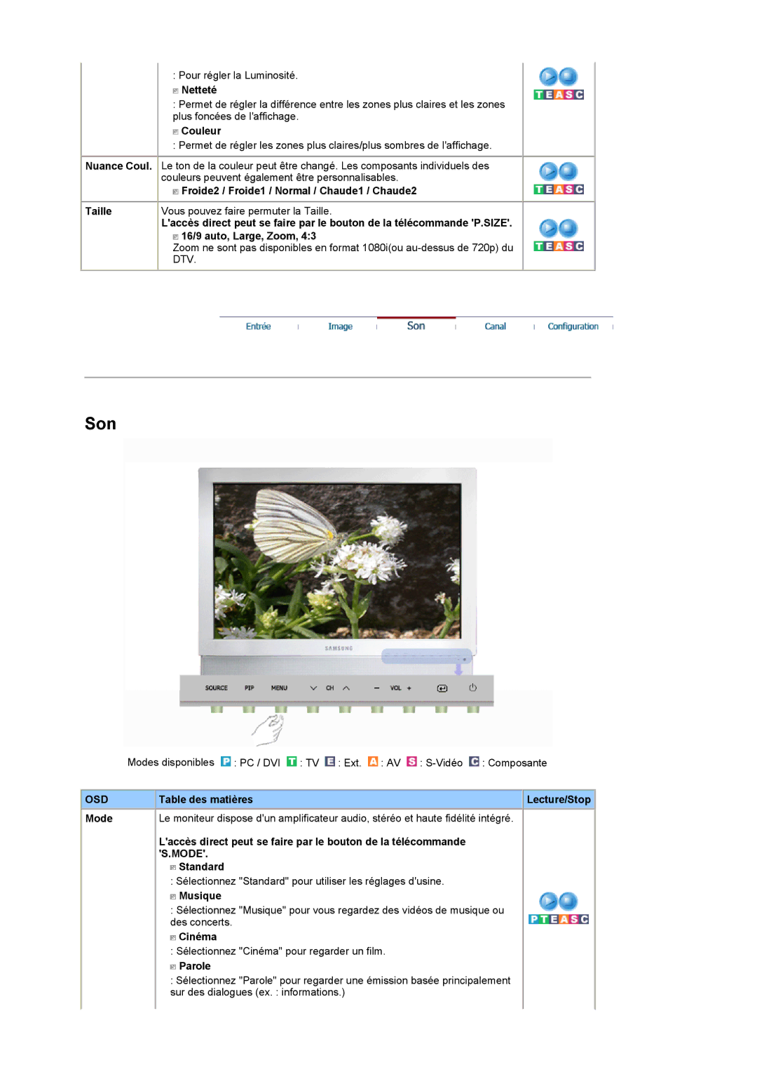 Samsung LS19DOWSS/EDC manual Froide2 / Froide1 / Normal / Chaude1 / Chaude2 Taille, 16/9 auto, Large, Zoom, Musique, Parole 