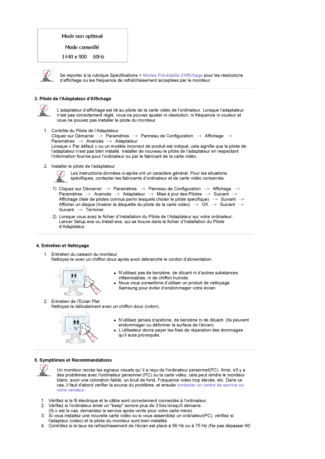 Samsung LS19DOWSS/EDC manual Pilote de lAdaptateur dAffichage, Entretien et Nettoyage, Symptômes et Recommandations 