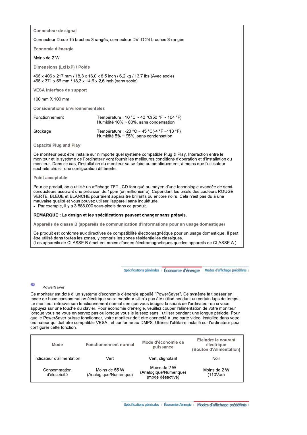 Samsung LS19DOWSSZ/EDC manual Connecteur de signal, Economie dénergie, Dimensions LxHxP / Poids, Vesa Interface de support 