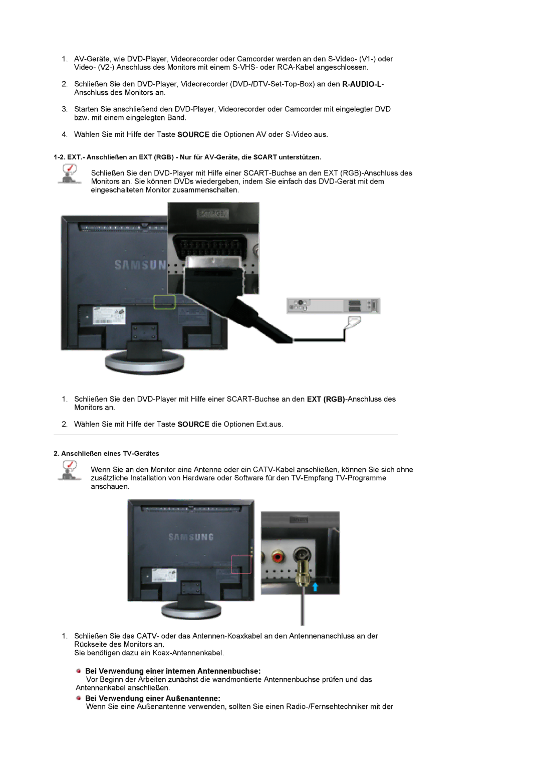 Samsung LS19DOCSS/EDC, LS19DOWSSZ/EDC manual Bei Verwendung einer internen Antennenbuchse, Bei Verwendung einer Außenantenne 