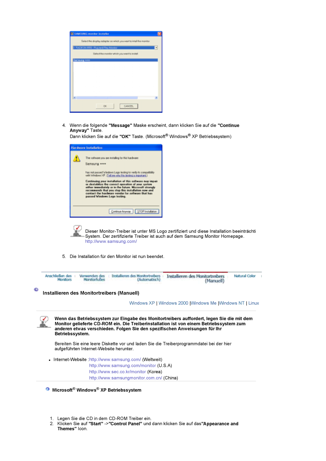 Samsung LS19DOWSSZ/EDC, LS19DOCSS/EDC manual Installieren des Monitortreibers Manuell, Microsoft Windows XP Betriebssystem 