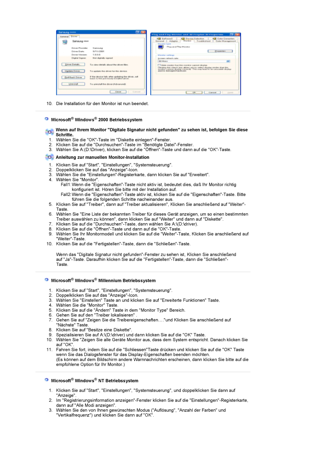 Samsung LS19DOWSSZ/EDC manual Anleitung zur manuellen Monitor-Installation, Microsoft Windows Millennium Betriebssystem 