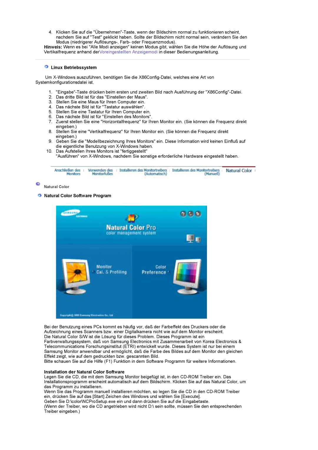 Samsung LS19DOWSS/EDC manual Linux Betriebssystem, Natural Color Software Program, Installation der Natural Color Software 