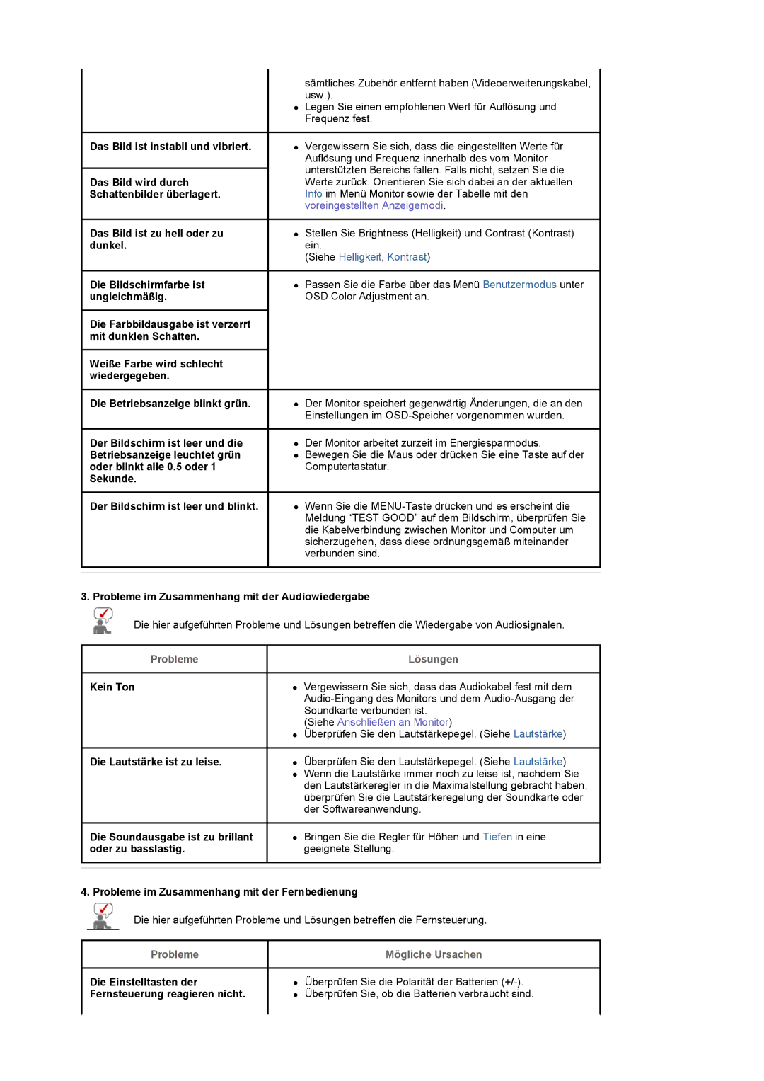 Samsung LS19DOWSSZ/EDC, LS19DOCSS/EDC, LS19DOWSS/EDC manual Probleme Mögliche Ursachen 