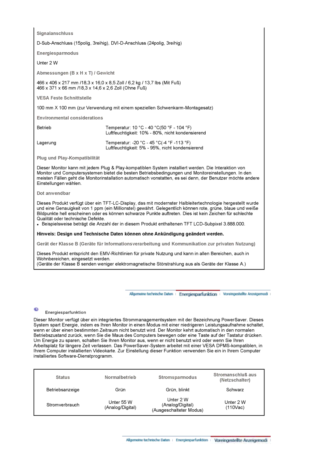 Samsung LS19DOWSSZ/EDC manual Signalanschluss, Energiesparmodus, Abmessungen B x H x T / Gewicht, Vesa Feste Schnittstelle 