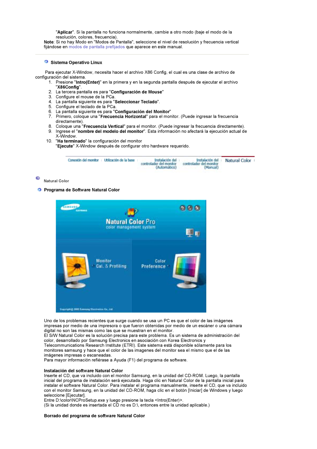 Samsung LS19DOCSS/EDC Sistema Operativo Linux, Programa de Software Natural Color, Instalación del software Natural Color 