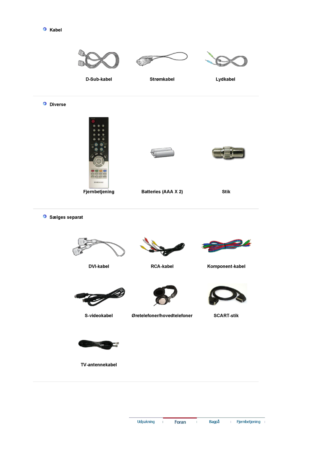Samsung LS19DOCSS/EDC, LS19DOWSSZ/EDC, LS19DOWSS/EDC Kabel Sub-kabel Strømkabel, Diverse Fjernbetjening Batteries AAA X 
