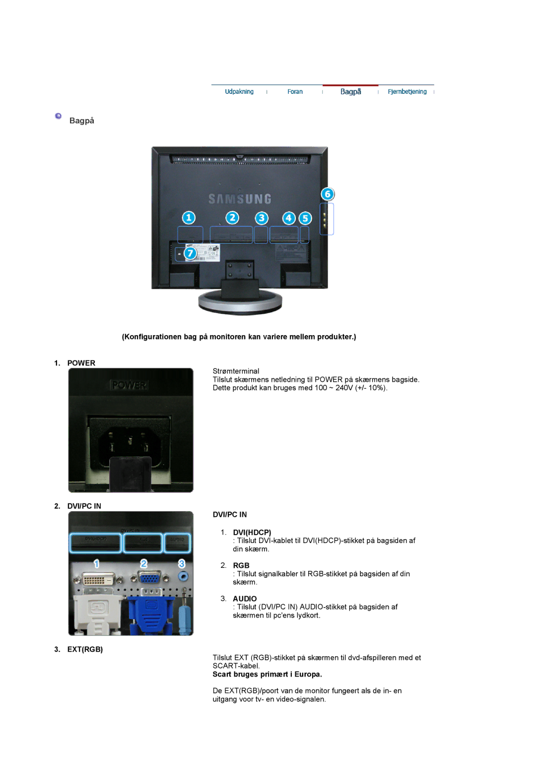 Samsung LS19DOWSS/EDC, LS19DOCSS/EDC, LS19DOWSSZ/EDC manual Rgb, Scart bruges primært i Europa 