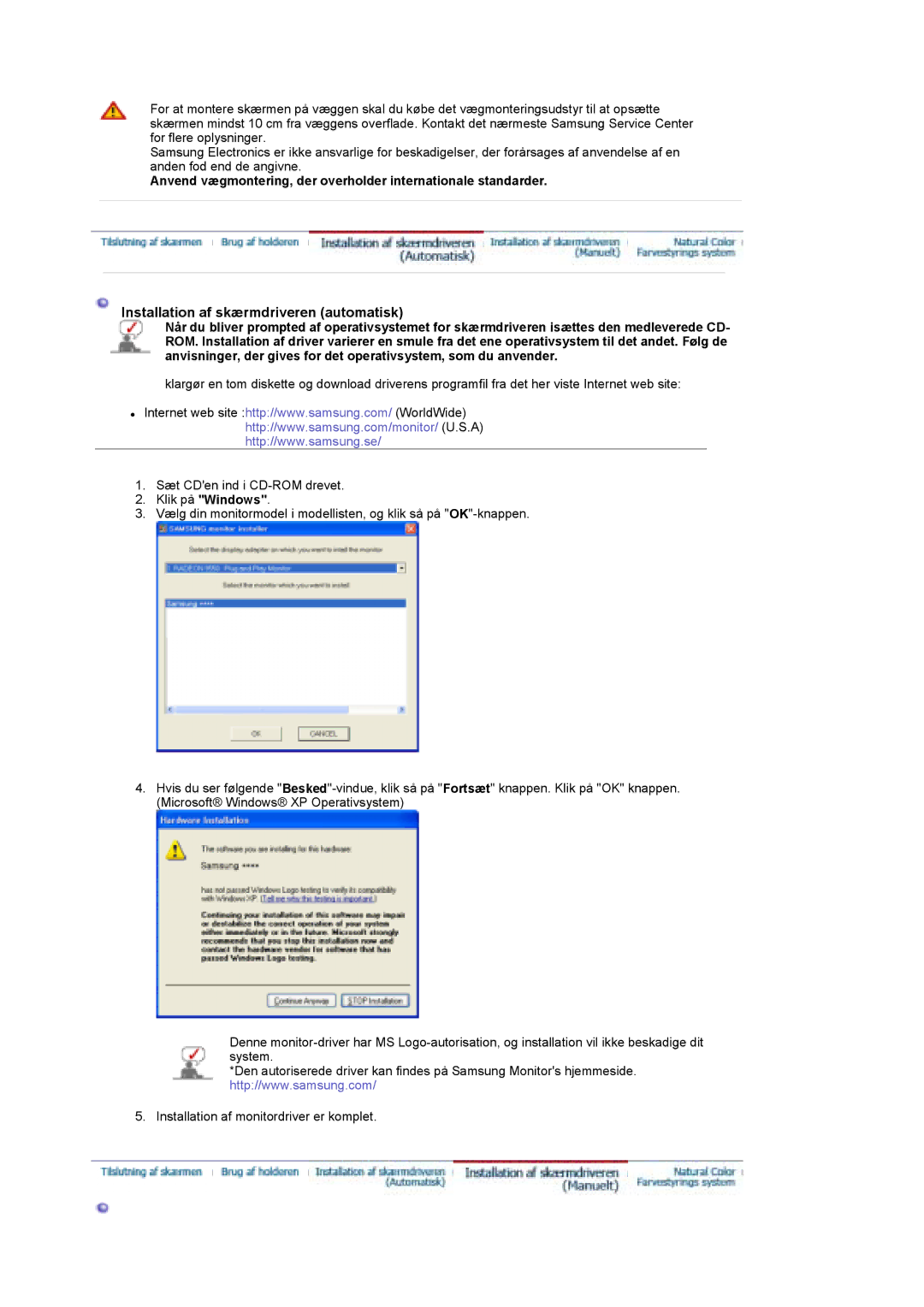 Samsung LS19DOCSS/EDC, LS19DOWSSZ/EDC, LS19DOWSS/EDC manual Installation af skærmdriveren automatisk 