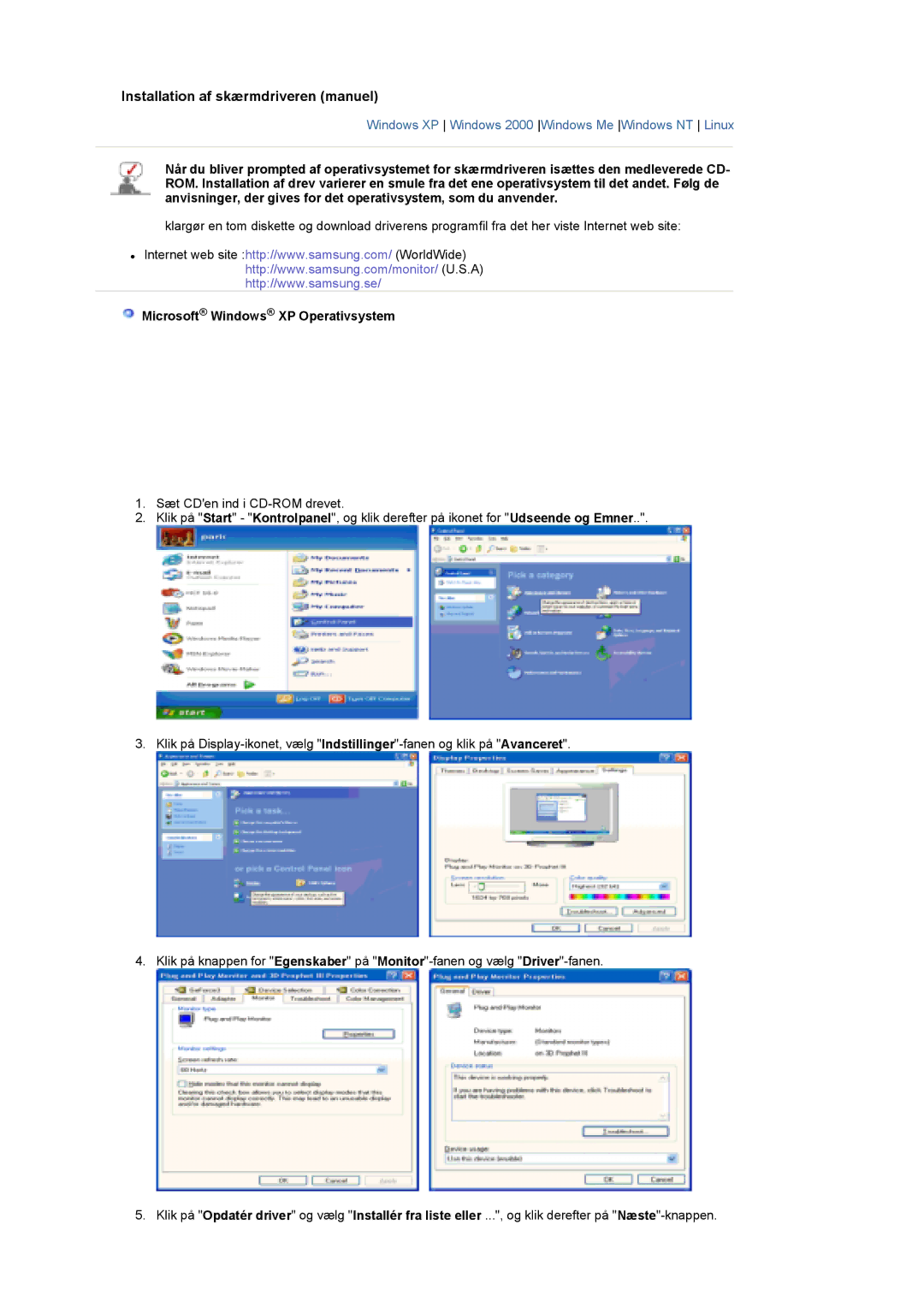 Samsung LS19DOWSSZ/EDC, LS19DOCSS/EDC manual Installation af skærmdriveren manuel, Microsoft Windows XP Operativsystem 