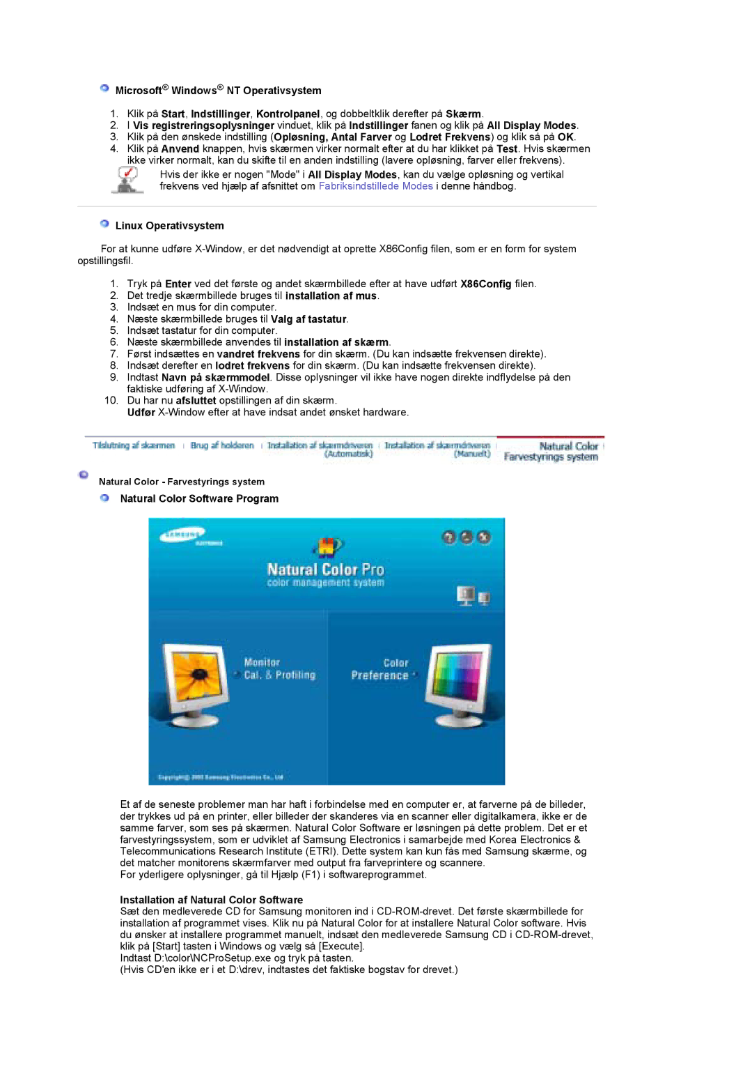 Samsung LS19DOWSSZ/EDC manual Microsoft Windows NT Operativsystem, Linux Operativsystem, Natural Color Software Program 