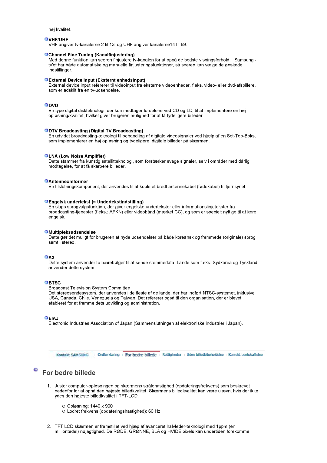 Samsung LS19DOCSS/EDC Channel Fine Tuning Kanalfinjustering, External Device Input Eksternt enhedsinput, Antenneomformer 