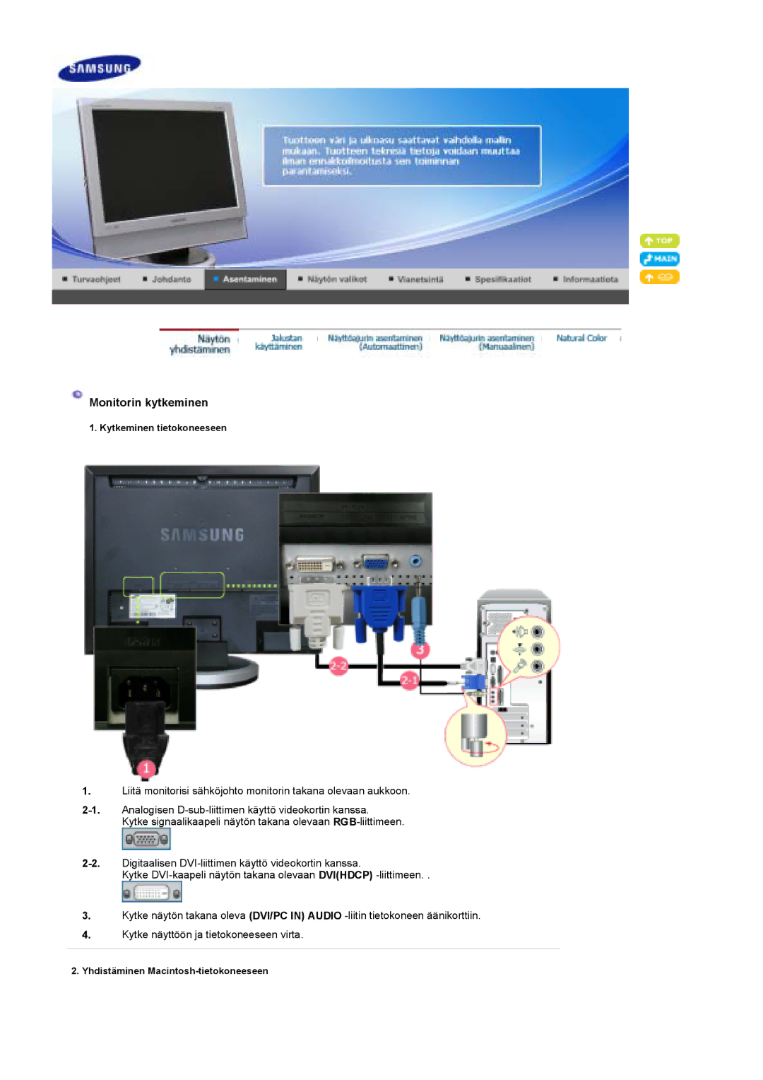 Samsung LS19DOCSS/EDC, LS19DOWSSZ/EDC, LS19DOWSS/EDC manual Monitorin kytkeminen 