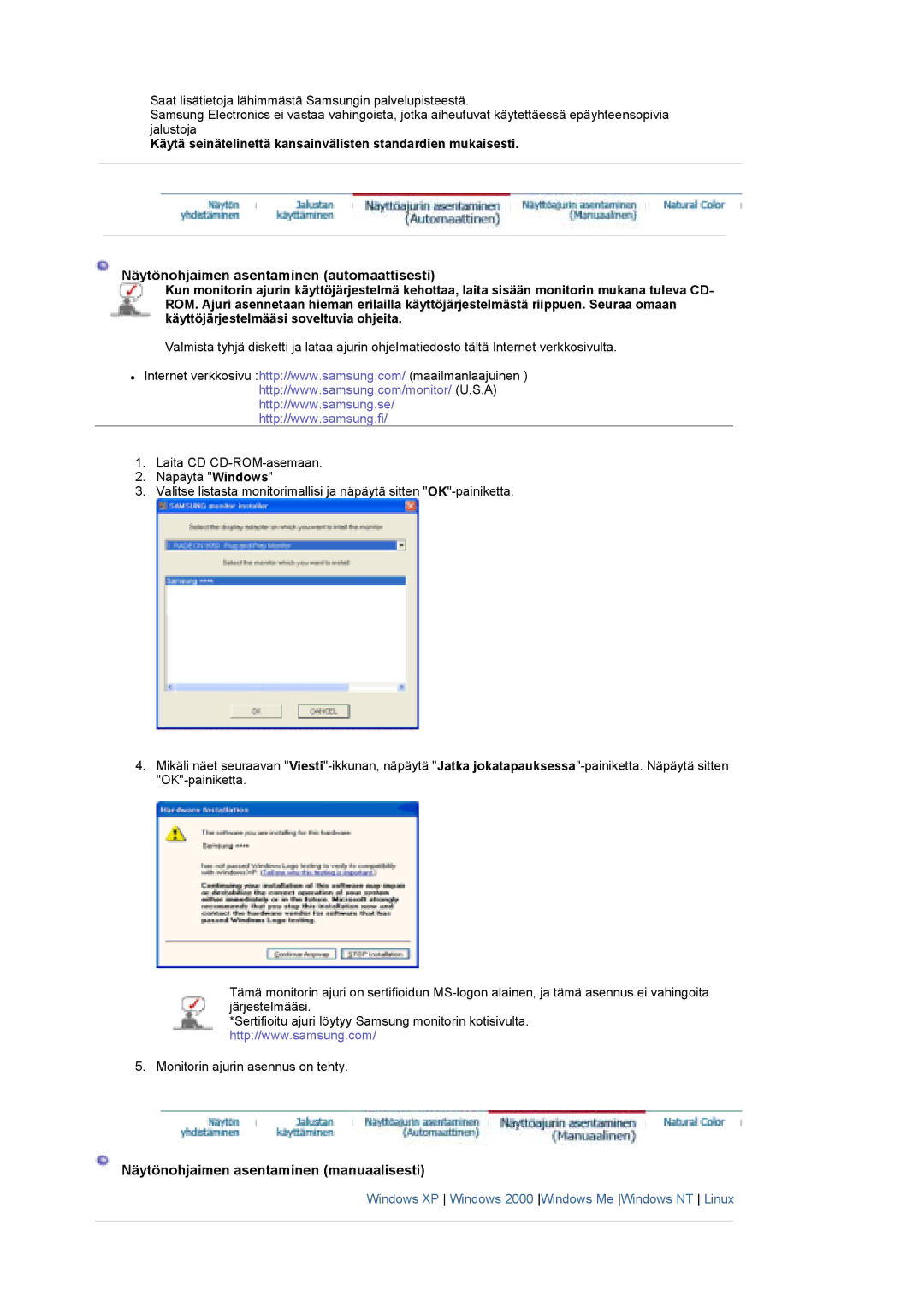 Samsung LS19DOWSS/EDC, LS19DOCSS/EDC, LS19DOWSSZ/EDC manual Näytönohjaimen asentaminen automaattisesti 