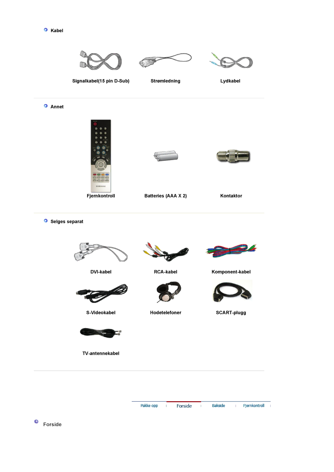 Samsung LS19DOCSS/EDC Kabel Signalkabel15 pin D-Sub Strømledning, Annet Fjernkontroll Batteries AAA X, Selges separat 