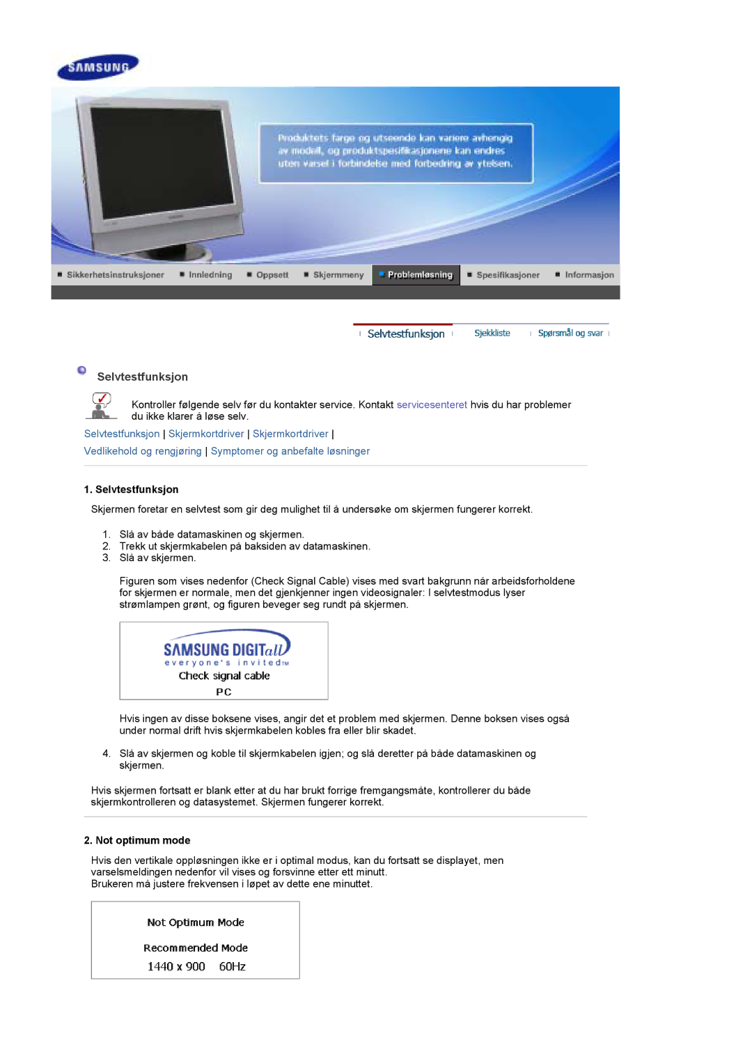 Samsung LS19DOWSS/EDC, LS19DOCSS/EDC, LS19DOWSSZ/EDC manual Selvtestfunksjon, Not optimum mode 