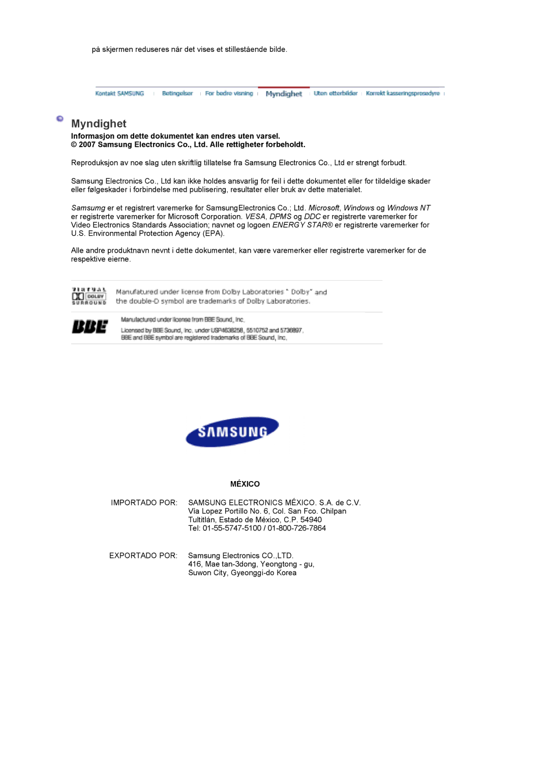 Samsung LS19DOWSS/EDC, LS19DOCSS/EDC, LS19DOWSSZ/EDC manual Myndighet, Informasjon om dette dokumentet kan endres uten varsel 