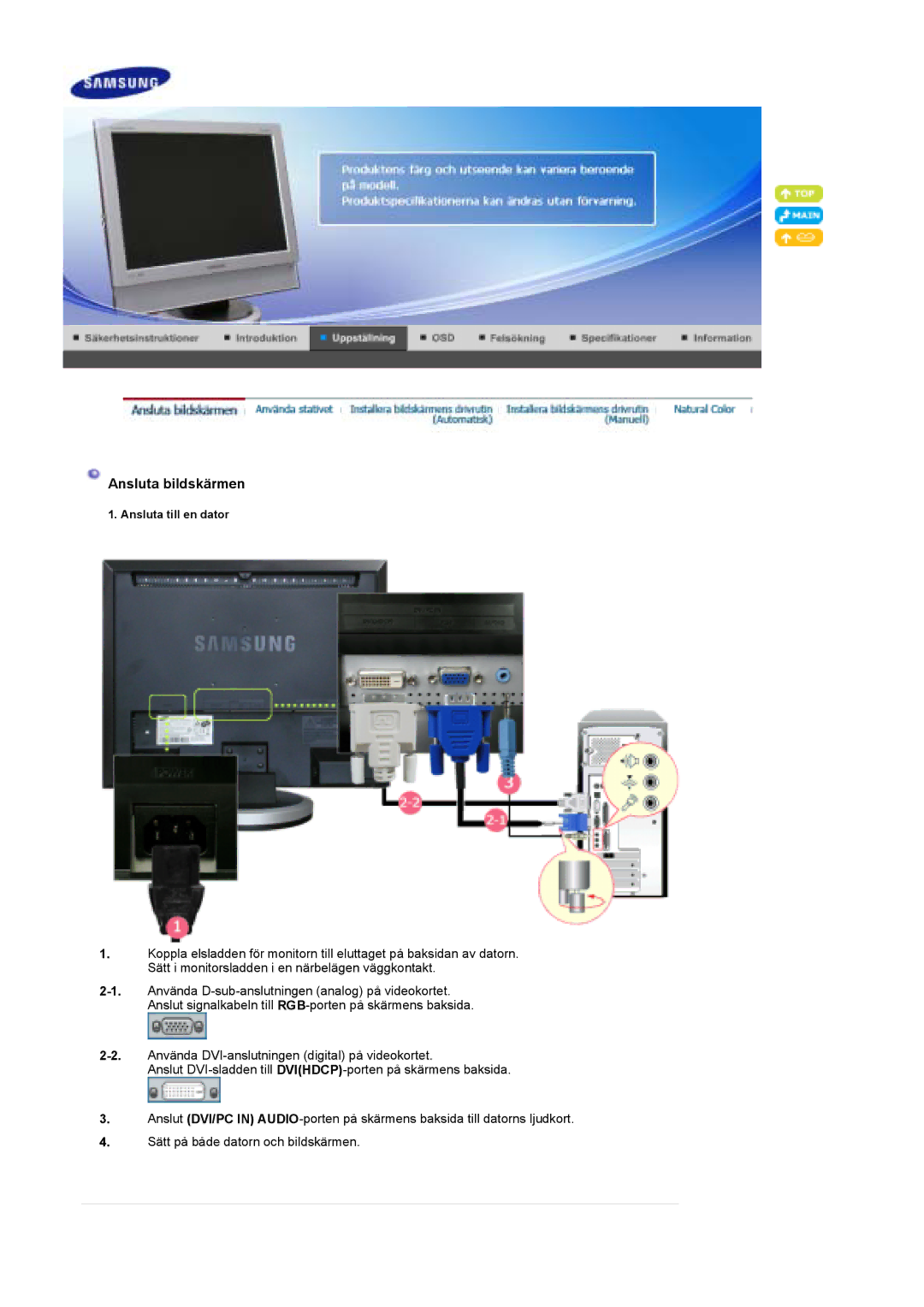 Samsung LS19DOWSSZ/EDC, LS19DOCSS/EDC, LS19DOWSS/EDC manual Ansluta bildskärmen 