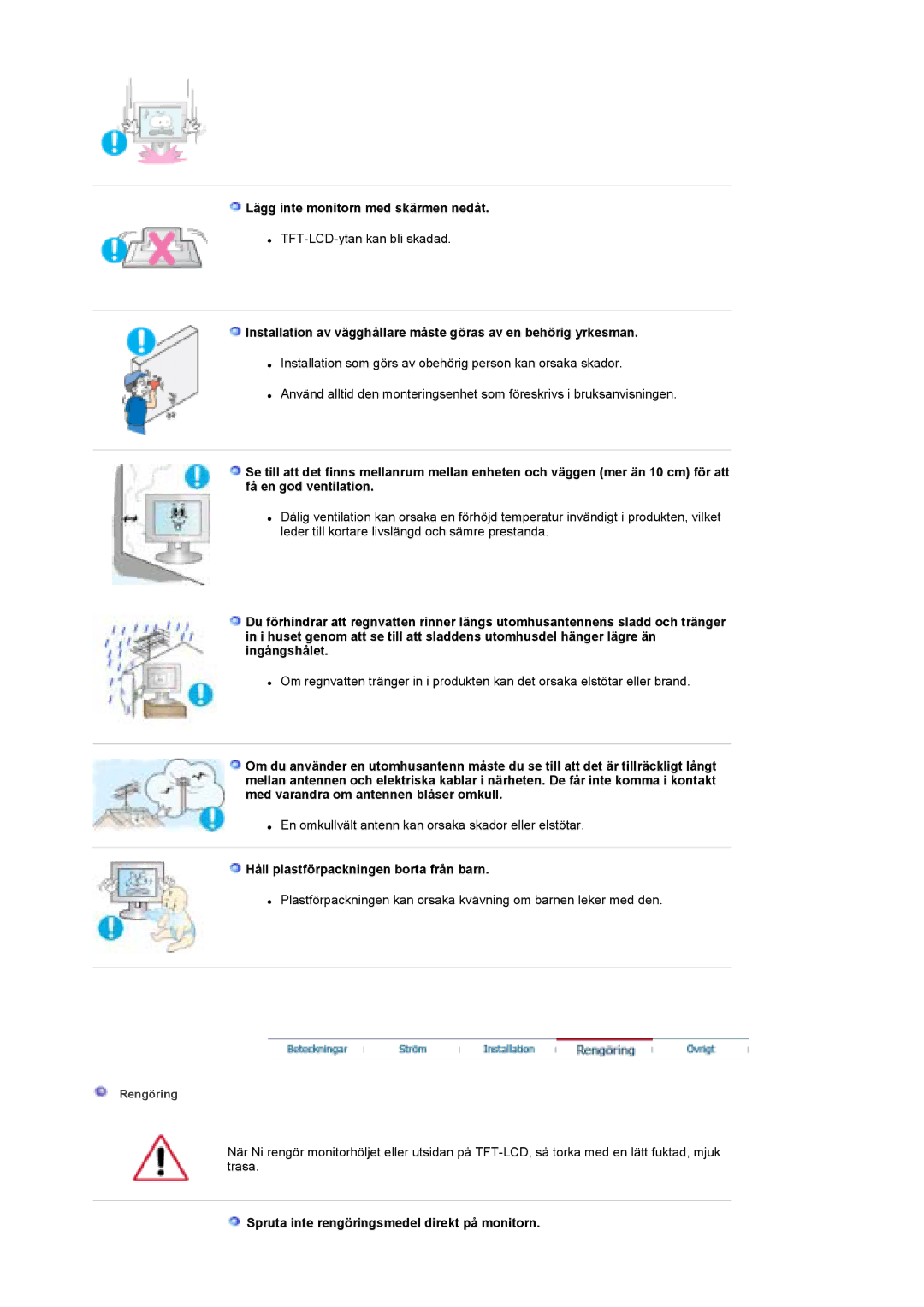 Samsung LS19DOWSS/EDC, LS19DOCSS/EDC manual Lägg inte monitorn med skärmen nedåt, Håll plastförpackningen borta från barn 