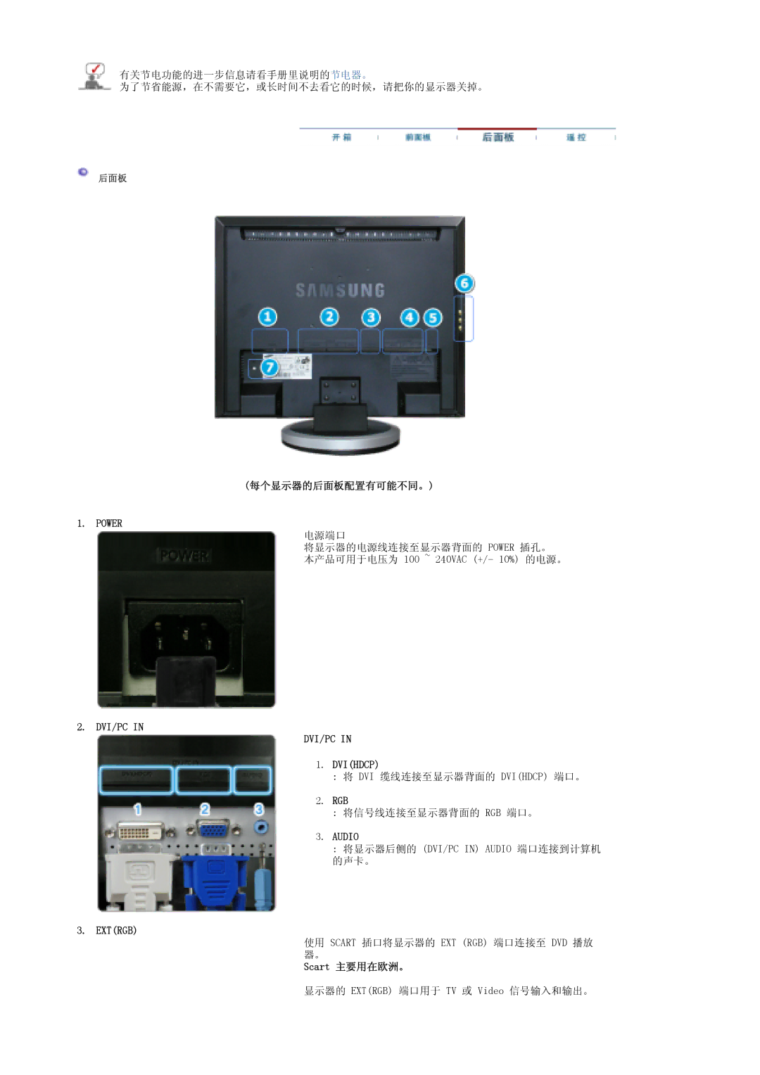 Samsung LS19DOWSSZ/EDC, LS19DOCSS/EDC, LS19DOWSS/EDC manual 每个显示器的后面板配置有可能不同。, Rgb, Scart 主要用在欧洲。 